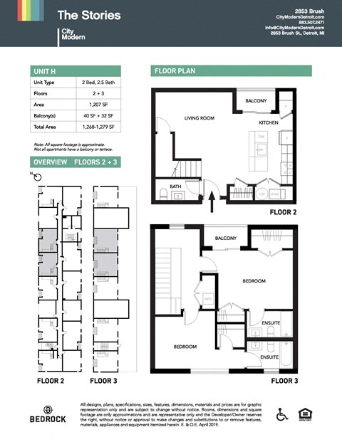 Floor plan for 2 beds, 2.5 baths, 1207 sqft